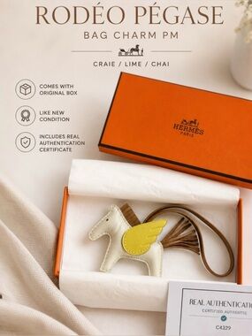Authentic Hermès Rodéo Pégase PM Charm Craie Lime Chai + Box & COA